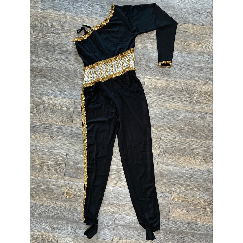 VTG Majorette Baton Twirling Bodysuit Dance Costume Black Gold Sequins Large